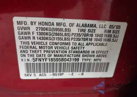 2005 Honda Pilot Ex-L z USA, uszkodzony, nr VIN 5FNYF18595B043199
